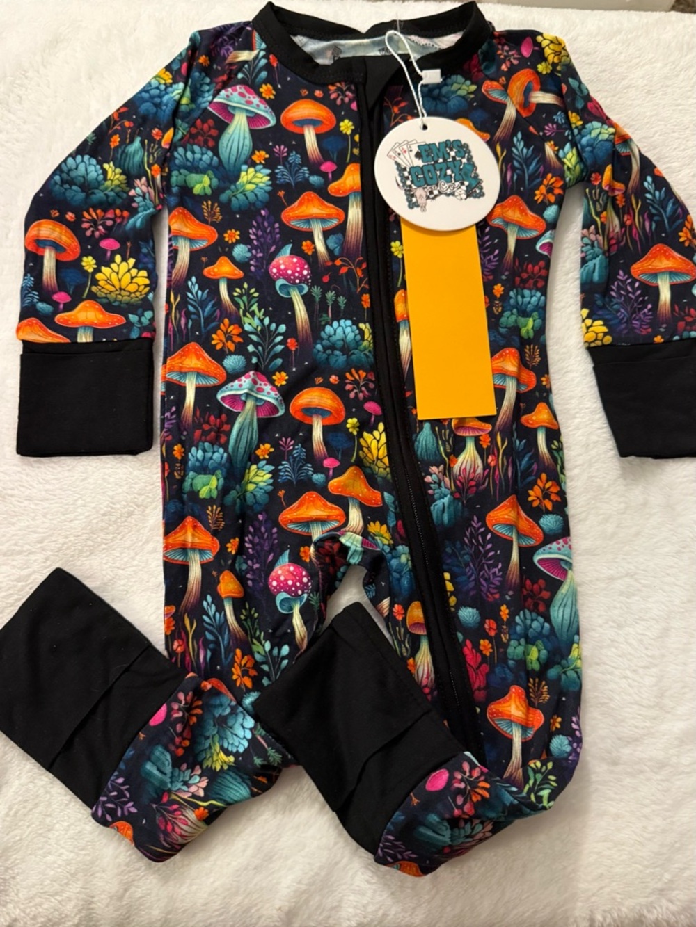 Baby Bamboo Zippy Pajamas - Black with Multicolor Mushroom Print